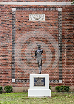 `Ernie Banks Memorial Statue` at Booker T. Washington in the Arts District of downtown Dallas, Texas.