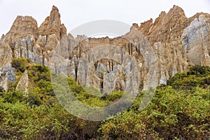 Eroded clay cliffs near Omarama in New Zealand.