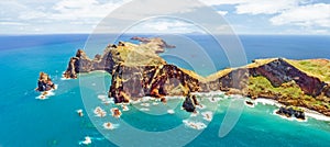 Eroded coast of Ponta do Sao Lourenco on a sunny day in Madeira, Portugal