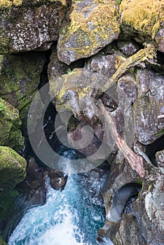 Eroded fancy rock formations at the Chasm Viewing Bridge at Milford Sound