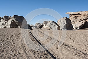 Eroded geological rock formations around ÃÂrbol de Piedra, Siloli Desert, Bolivia