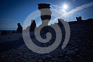 Eroded limestone stacks at the island of Faro in Sweden