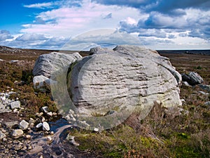 Eroded millstone boulders near Simon`s Seat on Barden Fell in the Yorkshire Dales, England, UK