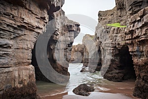 eroded rock formations around sea cave entrance
