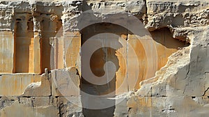 Eroded stone wall, sunlight, ancient ruins, texture background, design