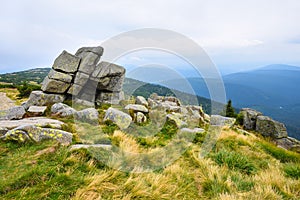 Eroded stones on a peak in the mountains of Krkonose