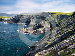 Eroded strata in sea cliffs on the west coast of Kettla Ness off the west coast of Mainland, Shetland.