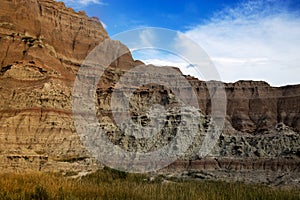 Eroding Cliffs and Prairie Grass in Badlands National Park, South Dakota