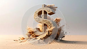 Eroding Dollar Sign Made of Sand on Windy Surface. Economy Concept. Generated Image