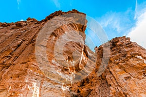 Eroding orange sandstone cliffs.