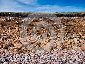 Eroding soil, subsoil and bedrock at a pebble beach near Sand Wick and Hillswick in Northmavine, Shetland, UK.