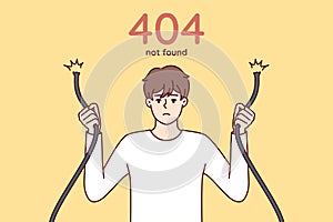 Eror 404 with sad man holding broken wire and having trouble accessing internet site