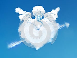 Eros angel looking down from a heart cloud