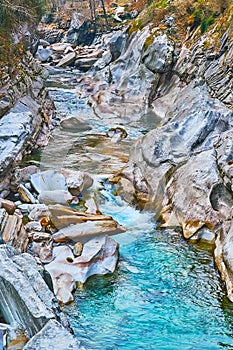 Erosional river landscape of Verzasca River, Lavertezzo, Valle Verzasca, Switzerland photo