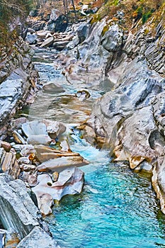 Erosional river landscape of Verzasca River, Lavertezzo, Valle Verzasca, Switzerland