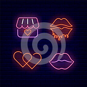 Erotic shop neon icons set. Sex accessories. Retro sign market. Light woman lips. Vector stock illustration