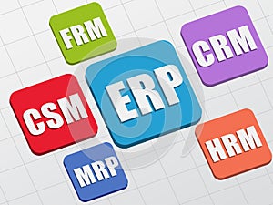 ERP, CSM, FRM, CRM, HRM, MRP in colors blocks, flat design photo