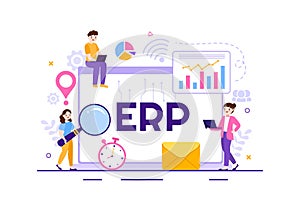 ERP Enterprise Resource Planning System Vector Illustration with Business Integration, Productivity and Company Enhancement