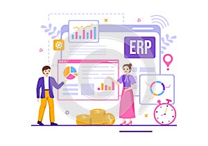 ERP Enterprise Resource Planning System Vector Illustration with Business Integration, Productivity and Company Enhancement