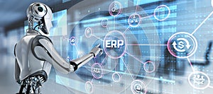 ERP Enterprise resources planning business finance technology concept. 3d render robot pressing button