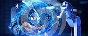 ERP Enterprise Resources planning. 3d render cobot robotic arm photo