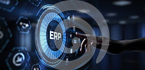 ERP Enterprise Resources planning software system business process automation concept. Hand pressing button on screen