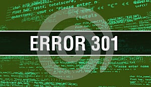 Error 301 with Digital java code text. Error 301 and Computer software coding vector concept. Programming coding script java,