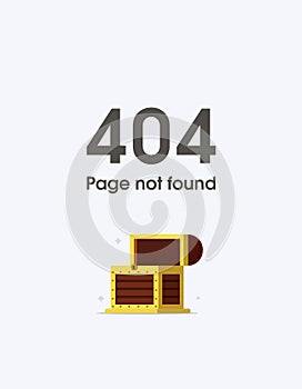 Error 404 page layout vector design with empty golden treasure chest open. 404 web page error creative design