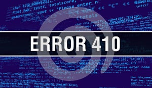 Error 410 with Digital java code text. Error 410 and Computer software coding vector concept. Programming coding script java,