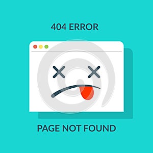 404 error. Concept of page not found or web site under construction or maintenance like browser with dead emoji. Cartoon