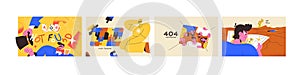 Error 404 concept set. Mistakes on website. Web page not found warning. Broken webpage access. Problems with internet