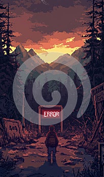 Error 404 in the forest. Pixel art post-apocalypse.