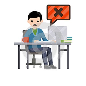 Error message in computer. Shocked man is sitting at table with monitor