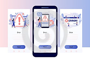 Error message. Tiny people examining operating system error warning window on smartphone and computer. Screen template
