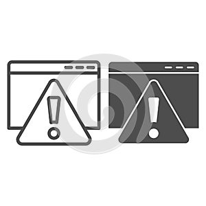 Error message on web page line and solid icon. Website with attention triangle. Information technology vector design