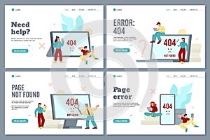 Error 404 or not found page problem web banners, flat vector illustration.