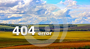 Error 404 page on bright colorful field landscape with a stylized watercolor frame