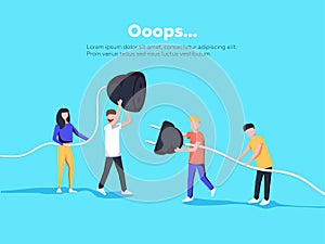 Error page illustration. People holding unplugged cable. Page not found.