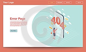 Error page isometric landing page template. 404 broken link notification on smartphone. User, client web search malfunction