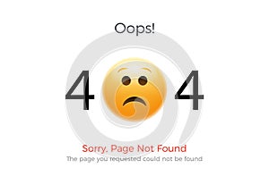 404 error page not found. Emoji sad smile. Vector illustration web design of 404 site page