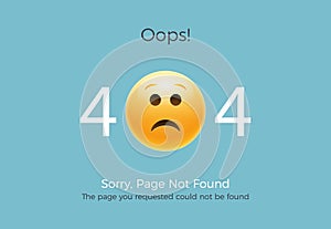 404 error page not found. Emoji sad smile. Vector illustration web design of 404 site page