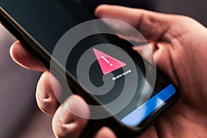 Error, problem with connection or phone mobile app. Bad signal in cell device. Broken smartphone. Alert message.