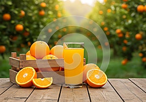 Fresh Orange Juice and Ripe Fruits in Orchard