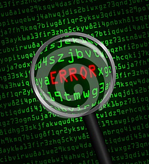 ERROR in red revealed in green computer machine code through a magnifying glass
