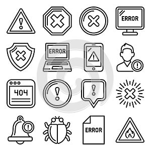 Error and Warning Icons Set on White Background. Line Style Vector