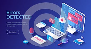 Errors detected. Computer viruses, hacker attack, 404 error page not found. Alert messages, bugs, infected files, spam.