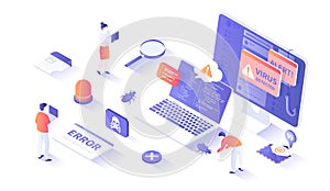 Errors detected. Computer viruses, hacker attack, 404 error page not found. Alert messages, bugs, infected files, spam.