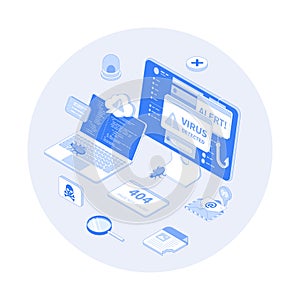 Errors detected. Computer viruses, hacker attack, 404 error page not found. Alert messages, bugs, infected files, spam.