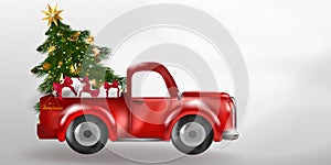 Erry Christmas and Happy New Year with red truck and christmas tree