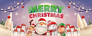 Merry Christmas text with Santa clause Rudolf the rain deer snowman with red scurf red gift box pine tree with snow snow flakes photo